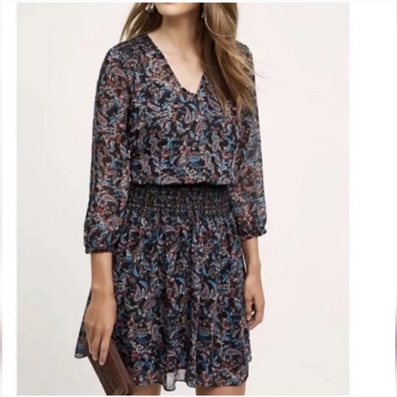 Anthropologie Dresses & Skirts - Anthro Vanessa Virginia Daytripper V Neck Paisley Smocked Waist Black Medium